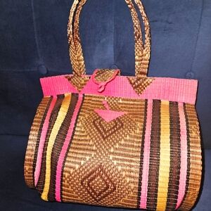 Handmade Pink/Brown Woven Barrel Bag